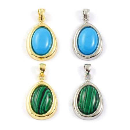 2 PCs Eco-friendly Brass Charm Pendant Real Gold Plated Drop With Synthetic Gemstone Cabochons 29mm x 16mm