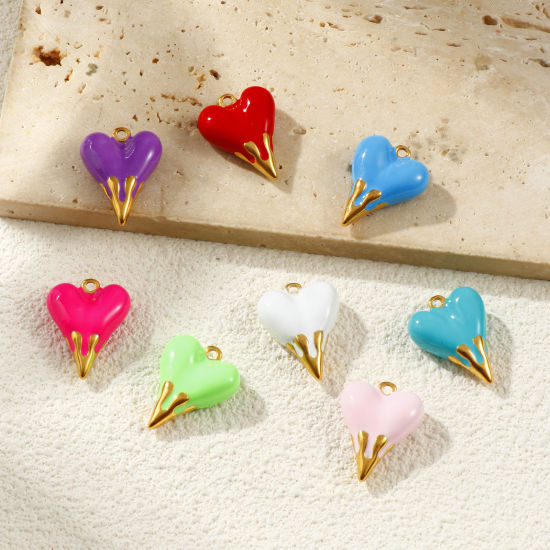 Изображение 1 Piece Eco-friendly PVD Vacuum Plating Waterproof Anti-Tarnish Hypoallergenic 304 Stainless Steel Valentine's Day Charms 18K Real Gold Plated Enamel Heart 3D 24mm x 19mm