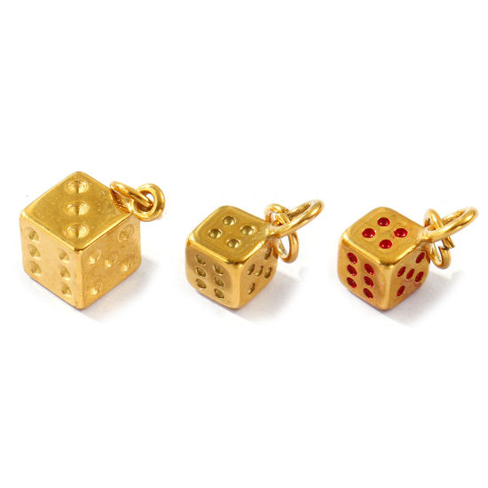 2 PCs Eco-friendly PVD Vacuum Plating Waterproof Anti-Tarnish Hypoallergenic 304 Stainless Steel Charms 18K Real Gold Plated Dice 3D の画像