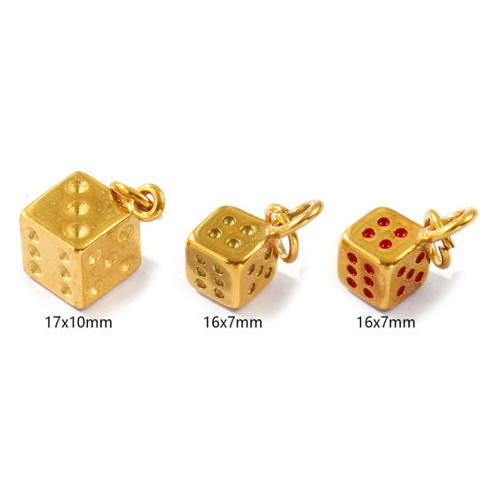 2 PCs Eco-friendly PVD Vacuum Plating Waterproof Anti-Tarnish Hypoallergenic 304 Stainless Steel Charms 18K Real Gold Plated Dice 3D の画像