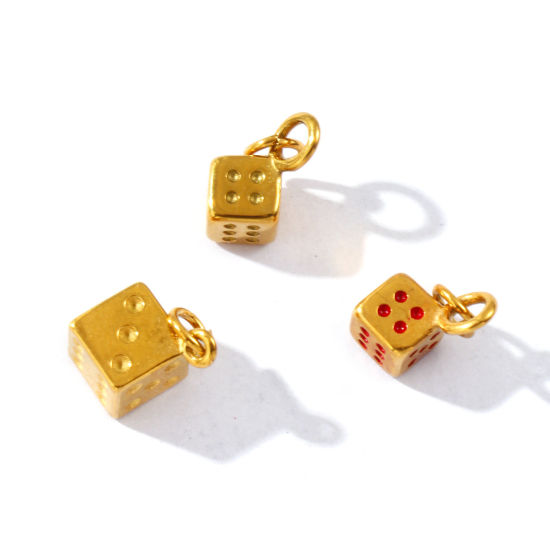 2 PCs Eco-friendly PVD Vacuum Plating Waterproof Anti-Tarnish Hypoallergenic 304 Stainless Steel Charms 18K Real Gold Plated Dice 3D の画像