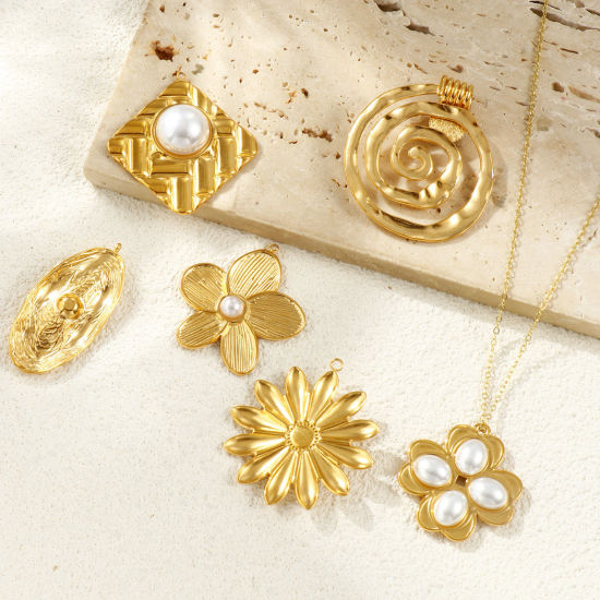 1 Piece Eco-friendly PVD Vacuum Plating Waterproof Anti-Tarnish Hypoallergenic 304 Stainless Steel Charms 18K Real Gold Plated Acrylic Imitation Pearl の画像