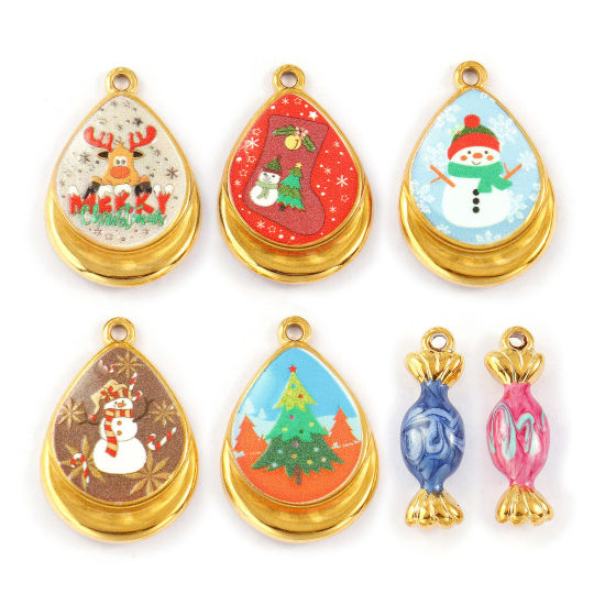 Immagine di 1 Piece Eco-friendly PVD Vacuum Plating Waterproof Anti-Tarnish Hypoallergenic 304 Stainless Steel Christmas Charms 18K Real Gold Plated Multicolor Enamel Printed
