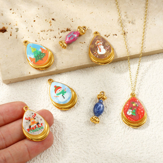 Immagine di 1 Piece Eco-friendly PVD Vacuum Plating Waterproof Anti-Tarnish Hypoallergenic 304 Stainless Steel Christmas Charms 18K Real Gold Plated Multicolor Enamel Printed