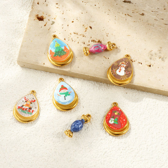 Immagine di 1 Piece Eco-friendly PVD Vacuum Plating Waterproof Anti-Tarnish Hypoallergenic 304 Stainless Steel Christmas Charms 18K Real Gold Plated Multicolor Enamel Printed