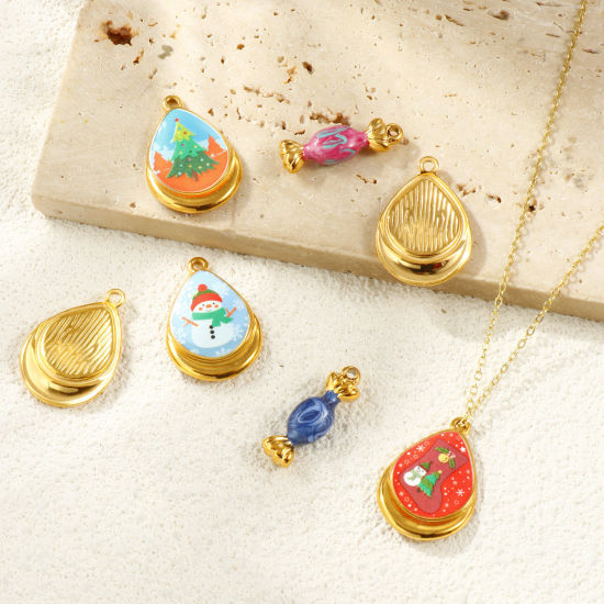Immagine di 1 Piece Eco-friendly PVD Vacuum Plating Waterproof Anti-Tarnish Hypoallergenic 304 Stainless Steel Christmas Charms 18K Real Gold Plated Multicolor Enamel Printed