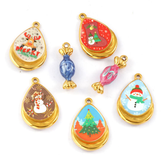 Immagine di 1 Piece Eco-friendly PVD Vacuum Plating Waterproof Anti-Tarnish Hypoallergenic 304 Stainless Steel Christmas Charms 18K Real Gold Plated Multicolor Enamel Printed