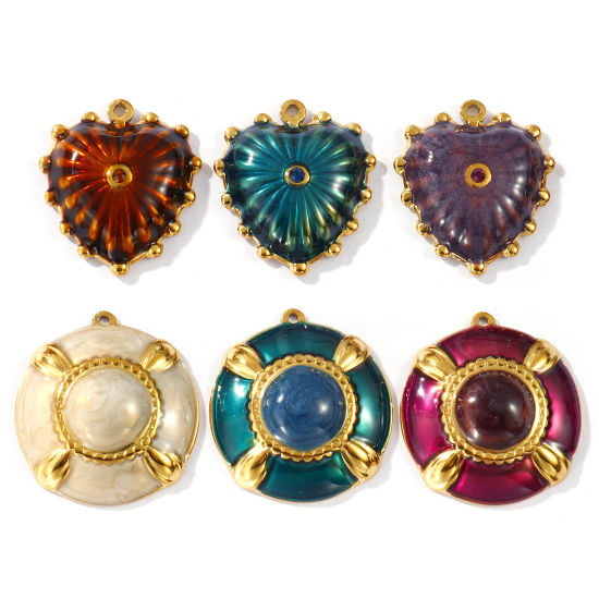 Picture of 2 PCs Eco-friendly PVD Vacuum Plating Waterproof Anti-Tarnish Hypoallergenic 304 Stainless Steel Charms 18K Real Gold Plated Enamel Round Disc Heart