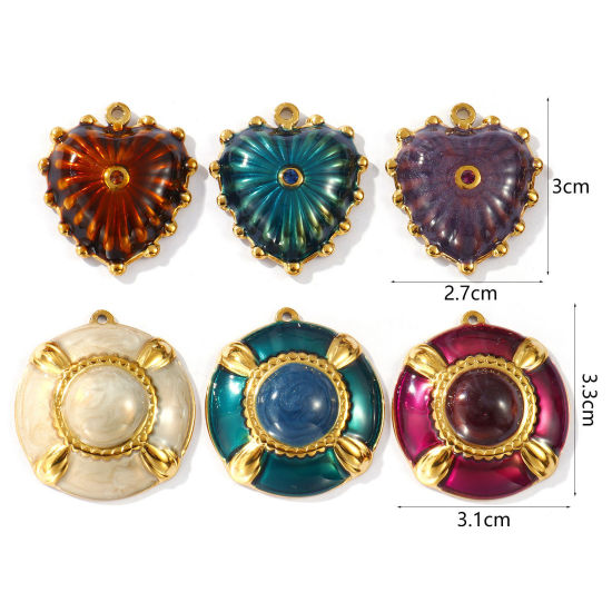 Picture of 2 PCs Eco-friendly PVD Vacuum Plating Waterproof Anti-Tarnish Hypoallergenic 304 Stainless Steel Charms 18K Real Gold Plated Enamel Round Disc Heart