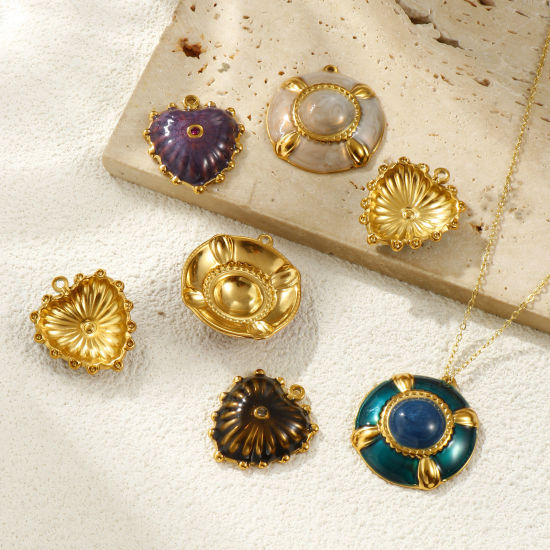 Picture of 2 PCs Eco-friendly PVD Vacuum Plating Waterproof Anti-Tarnish Hypoallergenic 304 Stainless Steel Charms 18K Real Gold Plated Enamel Round Disc Heart