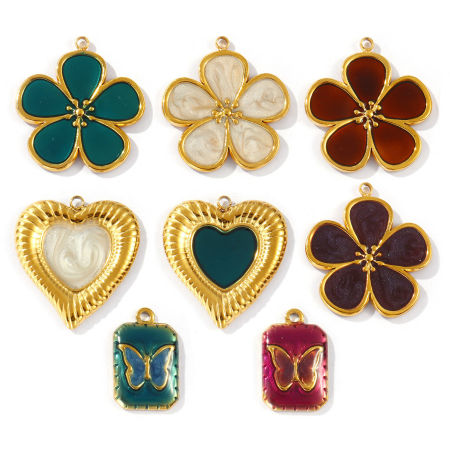 2 PCs Eco-friendly PVD Vacuum Plating Waterproof Anti-Tarnish Hypoallergenic 304 Stainless Steel Charms 18K Real Gold Plated Enamel Flower Butterfly