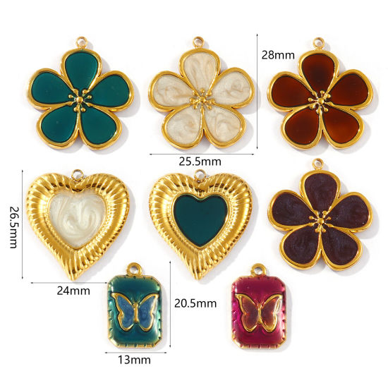 2 PCs Eco-friendly PVD Vacuum Plating Waterproof Anti-Tarnish Hypoallergenic 304 Stainless Steel Charms 18K Real Gold Plated Enamel Flower Butterfly の画像