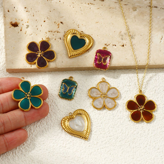 2 PCs Eco-friendly PVD Vacuum Plating Waterproof Anti-Tarnish Hypoallergenic 304 Stainless Steel Charms 18K Real Gold Plated Enamel Flower Butterfly の画像