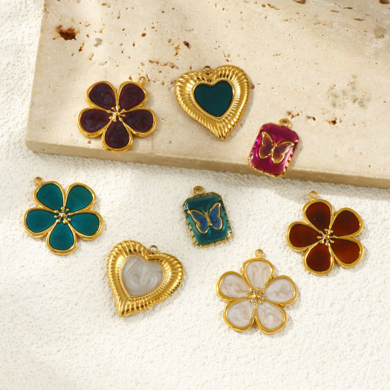2 PCs Eco-friendly PVD Vacuum Plating Waterproof Anti-Tarnish Hypoallergenic 304 Stainless Steel Charms 18K Real Gold Plated Enamel Flower Butterfly の画像