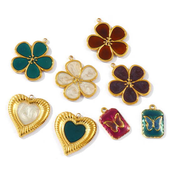 2 PCs Eco-friendly PVD Vacuum Plating Waterproof Anti-Tarnish Hypoallergenic 304 Stainless Steel Charms 18K Real Gold Plated Enamel Flower Butterfly の画像