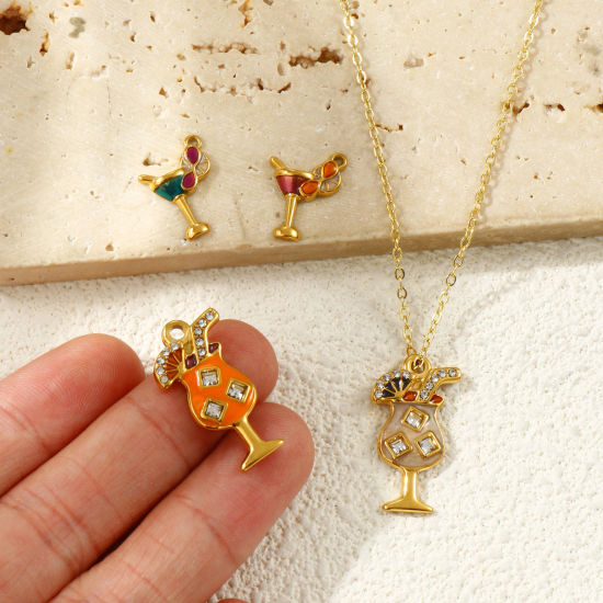 Picture of 2 PCs Eco-friendly PVD Vacuum Plating Waterproof Anti-Tarnish Hypoallergenic 304 Stainless Steel Charms 18K Real Gold Plated Enamel Wine Glass