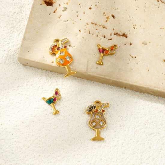 Picture of 2 PCs Eco-friendly PVD Vacuum Plating Waterproof Anti-Tarnish Hypoallergenic 304 Stainless Steel Charms 18K Real Gold Plated Enamel Wine Glass
