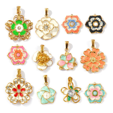 Picture of Eco-friendly PVD Vacuum Plating Waterproof Anti-Tarnish Hypoallergenic 304 Stainless Steel & Rhinestone Flora Collection Charms 18K Real Gold Plated Enamel Flower