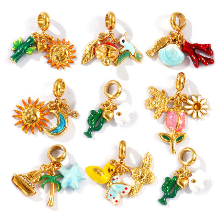 Picture of Eco-friendly PVD Vacuum Plating Waterproof Anti-Tarnish Hypoallergenic 304 Stainless Steel Dangle Charm Beads For Bracelet Necklace Jewelry Making 18K Real Gold Plated Enamel
