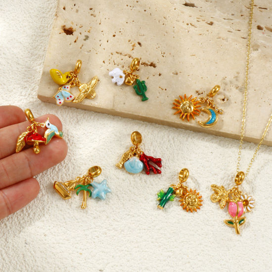 Bild von Umweltfreundliche PVD-Vakuumbeschichtung, wasserdicht, anlaufgeschützt und hypoallergen 304 Edelstahl Baumelnde Charm-Perlen für die Herstellung von Armbändern, Halsketten und Schmuck 18K Echtgold plattiert Emaille