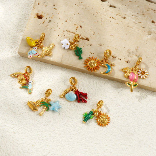 Bild von Umweltfreundliche PVD-Vakuumbeschichtung, wasserdicht, anlaufgeschützt und hypoallergen 304 Edelstahl Baumelnde Charm-Perlen für die Herstellung von Armbändern, Halsketten und Schmuck 18K Echtgold plattiert Emaille