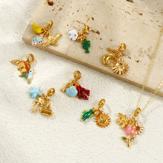 Bild von Umweltfreundliche PVD-Vakuumbeschichtung, wasserdicht, anlaufgeschützt und hypoallergen 304 Edelstahl Baumelnde Charm-Perlen für die Herstellung von Armbändern, Halsketten und Schmuck 18K Echtgold plattiert Emaille