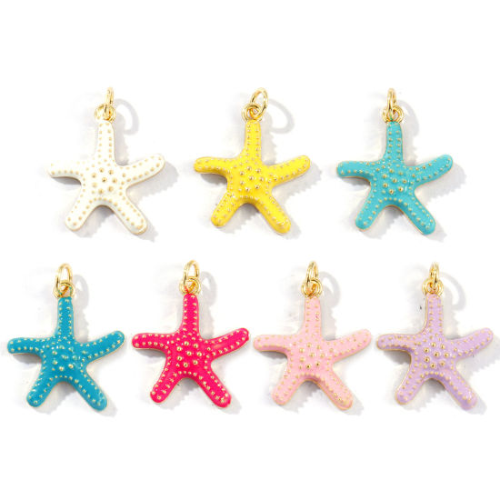 Picture of Eco-friendly Brass Ocean Jewelry Charms 18K Real Gold Plated Enamel Starfish 23mm x 18mm