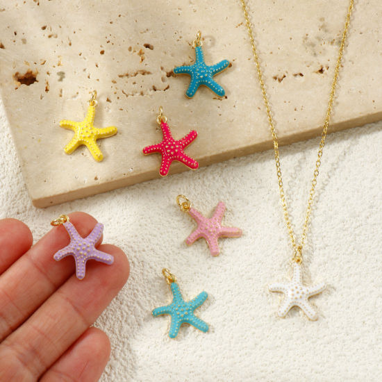 Picture of Eco-friendly Brass Ocean Jewelry Charms 18K Real Gold Plated Enamel Starfish 23mm x 18mm