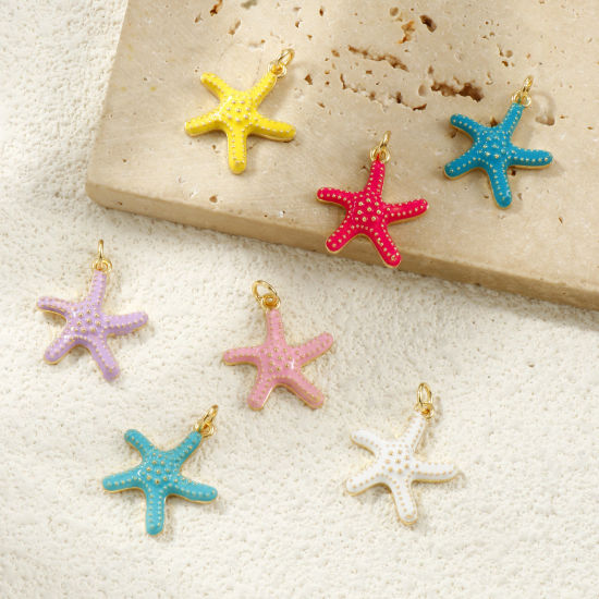 Picture of Eco-friendly Brass Ocean Jewelry Charms 18K Real Gold Plated Enamel Starfish 23mm x 18mm