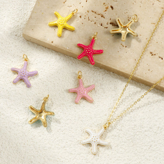 Picture of Eco-friendly Brass Ocean Jewelry Charms 18K Real Gold Plated Enamel Starfish 23mm x 18mm