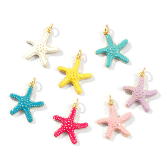 Picture of Eco-friendly Brass Ocean Jewelry Charms 18K Real Gold Plated Enamel Starfish 23mm x 18mm