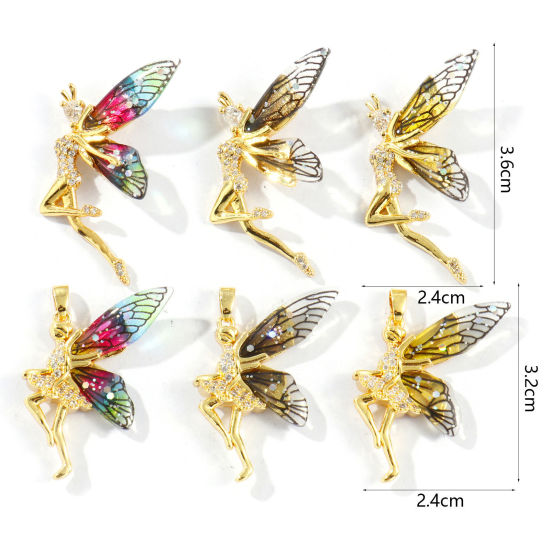 Image de 2 Pcs Breloques Collection de Conte de Fées Respectueux de la Nature en Laiton & Acrylique Plaqué Or Véritable 18K Fée à Zircone Cubique Clair