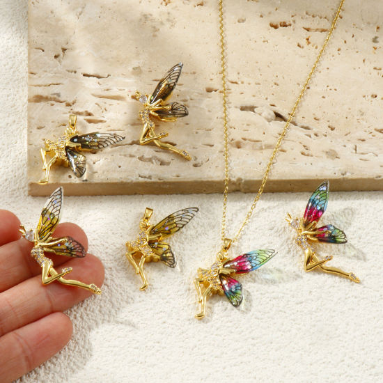 Image de 2 Pcs Breloques Collection de Conte de Fées Respectueux de la Nature en Laiton & Acrylique Plaqué Or Véritable 18K Fée à Zircone Cubique Clair