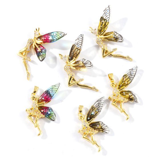 Image de 2 Pcs Breloques Collection de Conte de Fées Respectueux de la Nature en Laiton & Acrylique Plaqué Or Véritable 18K Fée à Zircone Cubique Clair