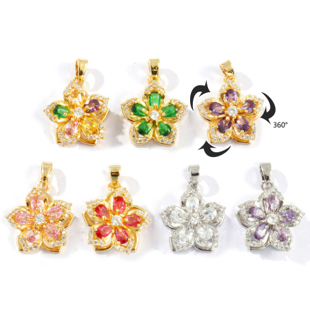 Picture of 1 Piece Brass Stress Relieving Anti Anxiety Fidget Spinner Charm Pendant Wholesale Flower Rotatable Multicolor Rhinestone 22mm x 16mm