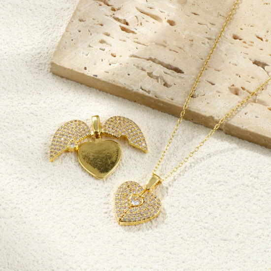 Image de 1 Piece Brass Valentine's Day Charms 18K Gold Plated Heart Can Open Clear Rhinestone