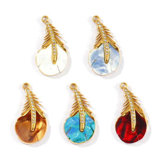 Picture of Eco-friendly PVD Vacuum Plating Waterproof Anti-Tarnish Hypoallergenic 304 Stainless Steel & Acrylic Charms 18K Real Gold Plated Peacock Feather Clear Cubic Zirconia 25mm x 13mm