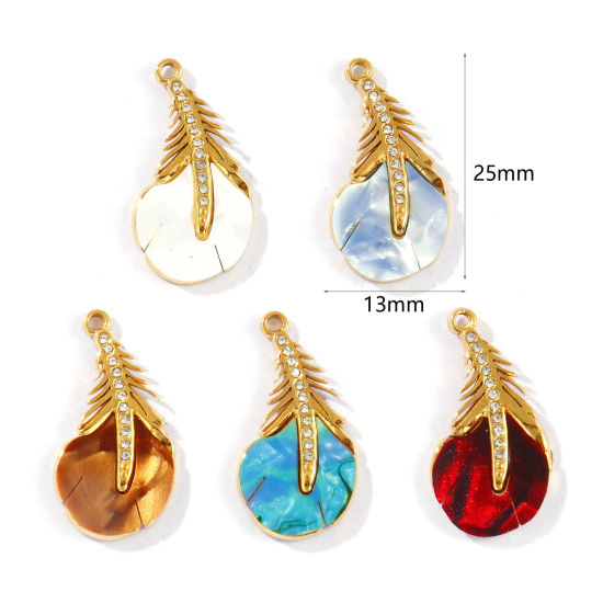 Picture of Eco-friendly PVD Vacuum Plating Waterproof Anti-Tarnish Hypoallergenic 304 Stainless Steel & Acrylic Charms 18K Real Gold Plated Peacock Feather Clear Cubic Zirconia 25mm x 13mm