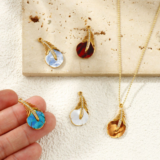 Picture of Eco-friendly PVD Vacuum Plating Waterproof Anti-Tarnish Hypoallergenic 304 Stainless Steel & Acrylic Charms 18K Real Gold Plated Peacock Feather Clear Cubic Zirconia 25mm x 13mm