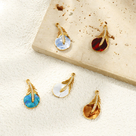 Picture of Eco-friendly PVD Vacuum Plating Waterproof Anti-Tarnish Hypoallergenic 304 Stainless Steel & Acrylic Charms 18K Real Gold Plated Peacock Feather Clear Cubic Zirconia 25mm x 13mm