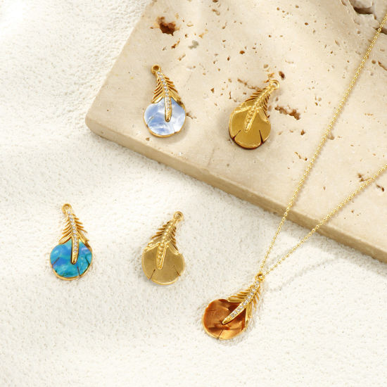 Picture of Eco-friendly PVD Vacuum Plating Waterproof Anti-Tarnish Hypoallergenic 304 Stainless Steel & Acrylic Charms 18K Real Gold Plated Peacock Feather Clear Cubic Zirconia 25mm x 13mm