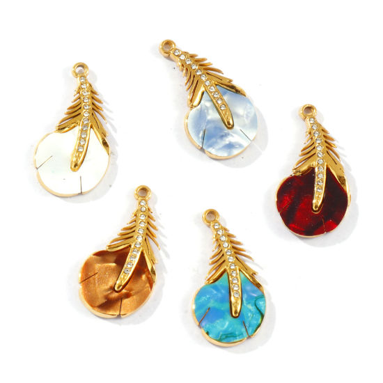 Picture of Eco-friendly PVD Vacuum Plating Waterproof Anti-Tarnish Hypoallergenic 304 Stainless Steel & Acrylic Charms 18K Real Gold Plated Peacock Feather Clear Cubic Zirconia 25mm x 13mm