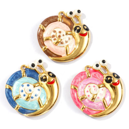 Picture of Eco-friendly PVD Vacuum Plating Waterproof Anti-Tarnish Hypoallergenic 304 Stainless Steel Pet Silhouette Pendants 18K Real Gold Plated Multicolor Enamel Snail Animal Pearlized 4.3cm x 4.3cm