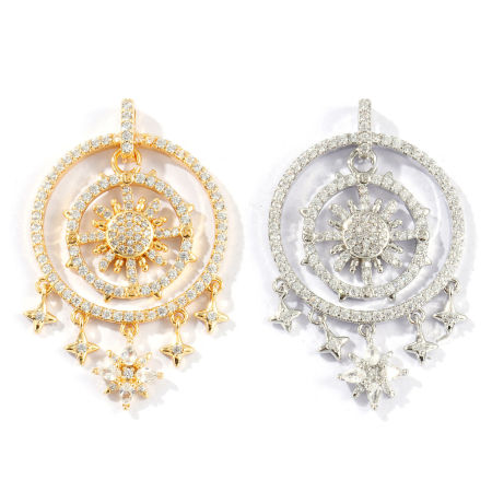 Image de 1 Pièce Pendentifs Galaxie Respectueux de la Nature en Laiton Plaqué Or Véritable Soleil Etoile Micro Pave à Zircone Cubique Clair 4.2cm x 2.6cm