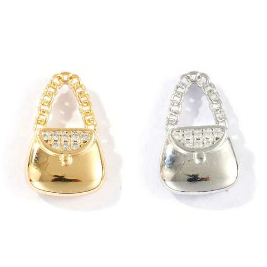 Imagen de 2 Unidades Respetuoso del Medio Ambiente Latón Ropa Colgantes Oro Real Chapado Bolsa de mano Micro Pave Claro Circón Artificial 18mm x 11.5mm