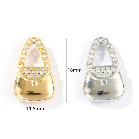 Imagen de 2 Unidades Respetuoso del Medio Ambiente Latón Ropa Colgantes Oro Real Chapado Bolsa de mano Micro Pave Claro Circón Artificial 18mm x 11.5mm