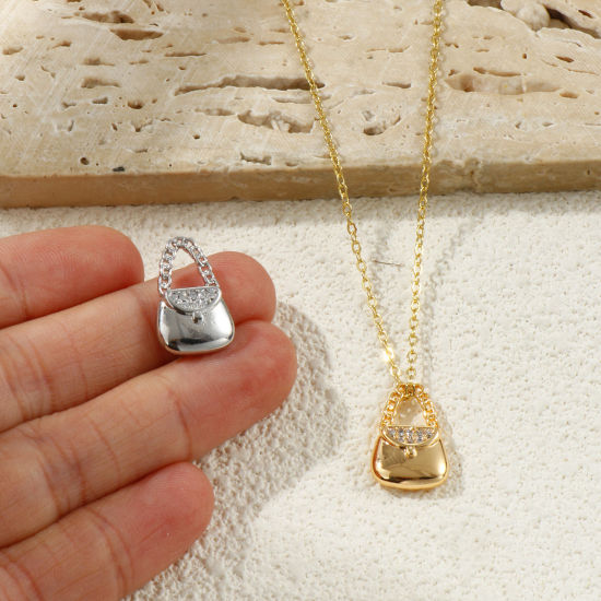 Imagen de 2 Unidades Respetuoso del Medio Ambiente Latón Ropa Colgantes Oro Real Chapado Bolsa de mano Micro Pave Claro Circón Artificial 18mm x 11.5mm