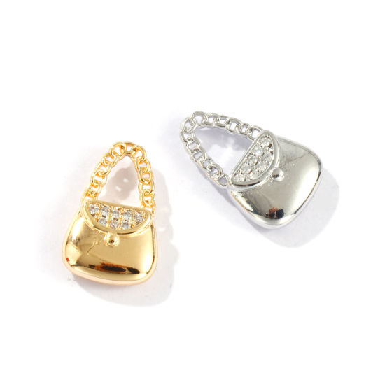 Imagen de 2 Unidades Respetuoso del Medio Ambiente Latón Ropa Colgantes Oro Real Chapado Bolsa de mano Micro Pave Claro Circón Artificial 18mm x 11.5mm