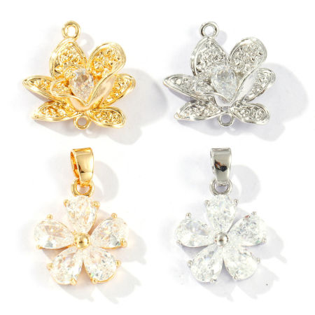 Picture of Eco-friendly Brass Flora Collection Charms Real Gold Plated Flower Clear Cubic Zirconia
