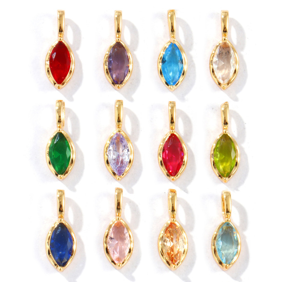 Picture of Eco-friendly Brass & Rhinestone Birthstone Charms 18K Real Gold Plated Marquise 15mm x 5.5mm